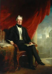 Unbekannter Mann sitzt mit Pfarrkirche im Hintergrund, 1844